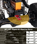 Close-up of Waterproof 7.5Kg High Torque RC Micro Servo with metal gear in a 1/10 scale crawler, showing steering angle details.