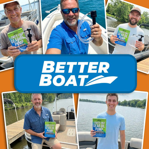 Collage of people holding Lower Unit Gear Oil Pump For Boats Quart Bottle Lube Transfer Marine Transmission Fluid Kit by Better Boat