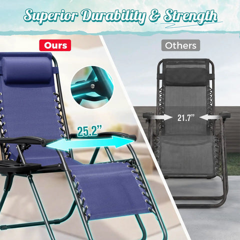Two Blue Zero Gravity Lounge Chairs Set With Cup Holders And Pillows, No Assembly Needed, wider seat comparison with other chair