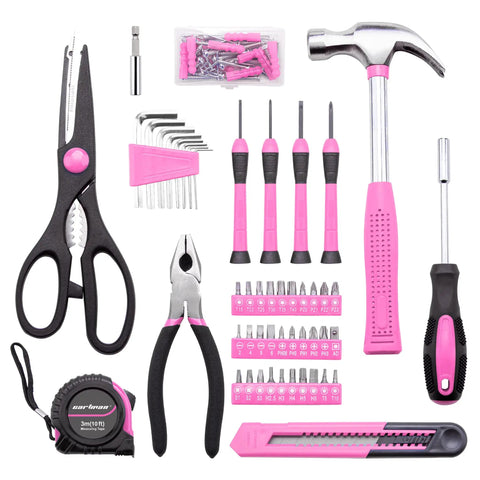 Light Pink Go To Home Tool Set Kit With Storage Case For Easy DIY Fixes Hammer Pliers Screwdrivers Tape Measure