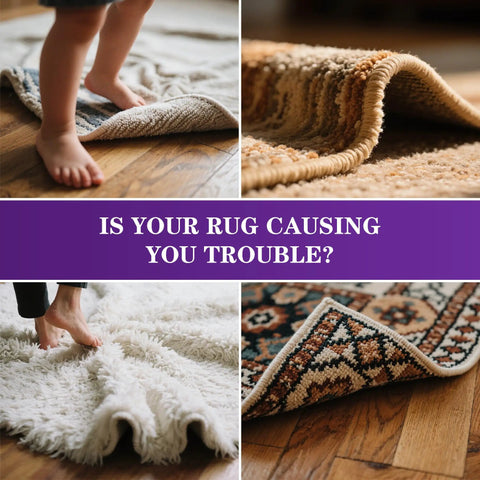 Rug edges lifting on hardwood floor, showing issues fixed by 16Pcs Non Slip Rug Grippers With Triangular Design For Hardwood Floors