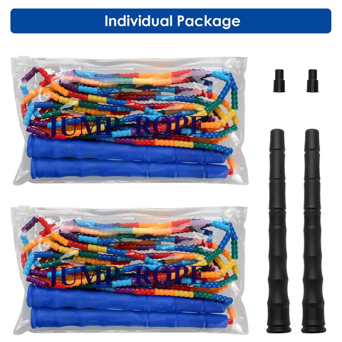 Double Dutch Jump Rope Set 16.4 Ft 2 Pack With Beaded Plastic DIY Segmented Rope Long Enough For 5 To 6 Jumpers Includes Extra Handles And Bearings Great For Kids And Adults Blue in packaging with extra handles