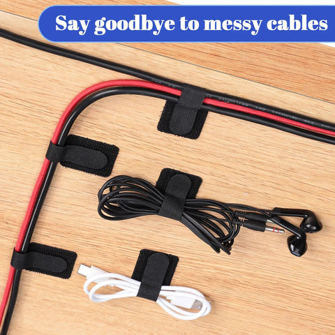 100 Pcs Self Adhesive Hook And Loop Cable Ties For Desk And Home Office Adjustable Cord Organizer managing cables on wood