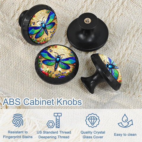 Colorful dragonfly themed Slick Black 4 Pack 35MM Cabinet Knobs for kitchen cabinets and dressers, round single hole drawer pulls.