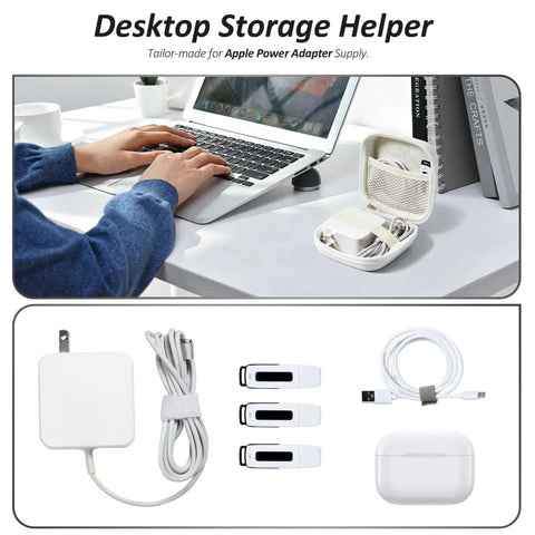 Portable Charger Case And Tech Pouch Travel Organizer Clutch Cable Bag In Clean White, shown with cords on a desk.