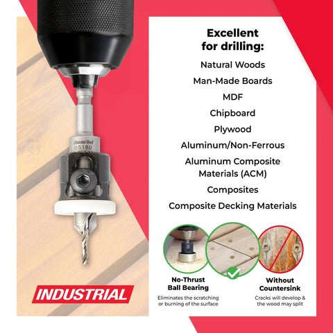 Slick Finishing Carbide Tipped 82 Degree Countersink Drill Bit With Adjustable Revolving Depth Stop For No Sweat Job Plug And Play Hybrid Hex Round Shank Compatible With Festool Centrotec 3 8 By 7 64 Inches in an industrial setting.