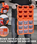 Man holding Modular Garage Storage Tower With 9 Removable Bins, Wall Mount Organizer, Black And Orange Polypropylene Cabinet, 12.5 X 6.6 X 14.9 Inches