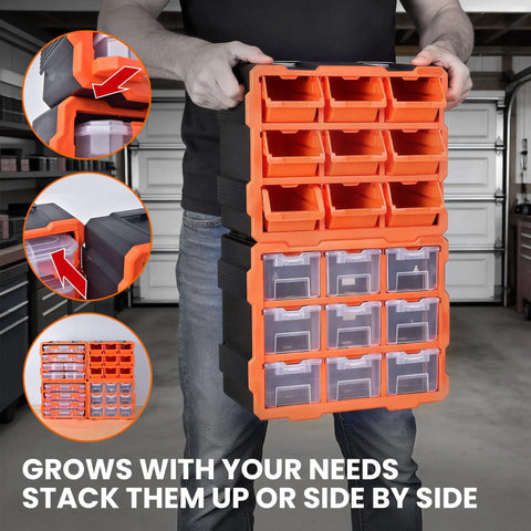 Man holding Modular Garage Storage Tower With 9 Removable Bins, Wall Mount Organizer, Black And Orange Polypropylene Cabinet, 12.5 X 6.6 X 14.9 Inches