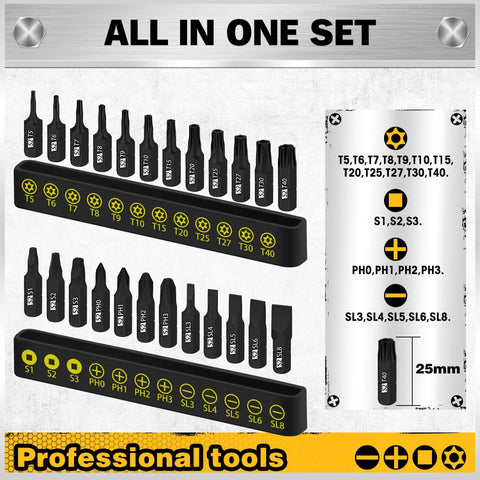 26 Piece Tough As Nails Magnetic Screwdriver Bit Set Cr V Steel showing T5 to T40 bits organized in plastic holder.