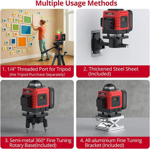 16 Line Green Laser Level With 4x360 Degree Coverage Self Leveling Remote Control Class 2 Less Than 1mW Power Output 98 Feet Range Ideal For Construction Indoor Renovation DIY Projects on tripod and brackets