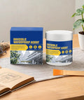 Premium Easy Application With Rock Solid High Performance Clear Waterproof Sealant Plus Liquid Rubber Coating For Cracked Tiles Fast Drying Transparent Barrier That Locks Out Moisture Once And For All in a jar and box on a wooden table.