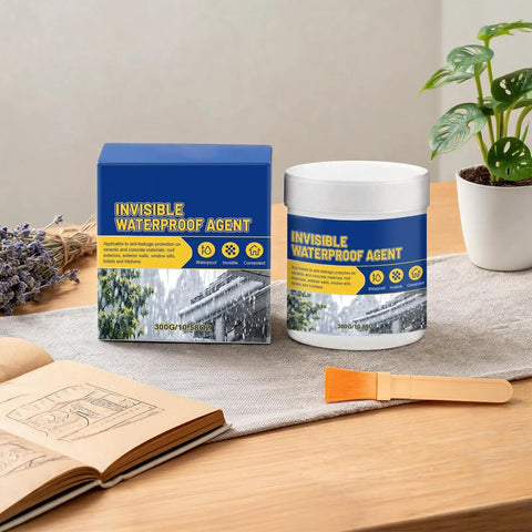 Premium Easy Application With Rock Solid High Performance Clear Waterproof Sealant Plus Liquid Rubber Coating For Cracked Tiles Fast Drying Transparent Barrier That Locks Out Moisture Once And For All in a jar and box on a wooden table.