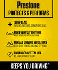 Infographic on Prestone power steering fluid benefits, including stop leak, everyday driving, all situations, and system life enhancement.