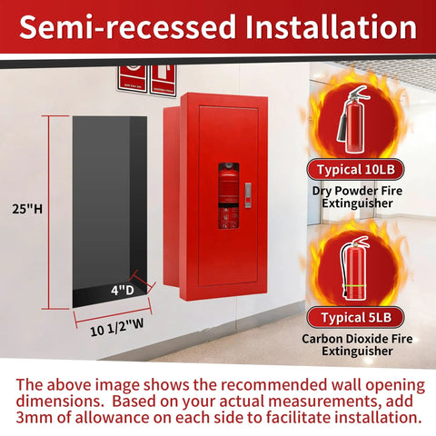 Sleek Semi Recessed Fire Extinguisher Cabinet With Quick Access Safety Door snugly installed in wall, dimensions 25"H x 10.5"W x 4"D.