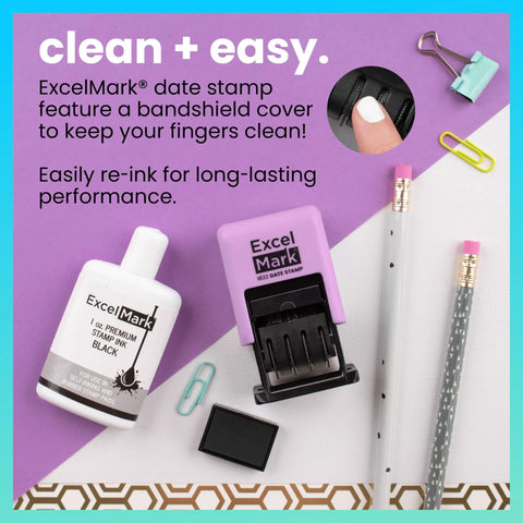 No Sweat Self Inking Date Stamp For Fast Shipping Receiving And Inventory Tracking Clean Black Ink With Easy Twist Dials For Expiration Checks And Reliable Violet Mount beside stamp ink and stationery.