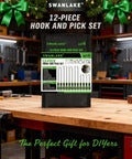 Pro Grade 12 Piece Pick And Hook Tool Set for auto mechanics displayed on workbench, with chrome vanadium hooks and picks packaging.
