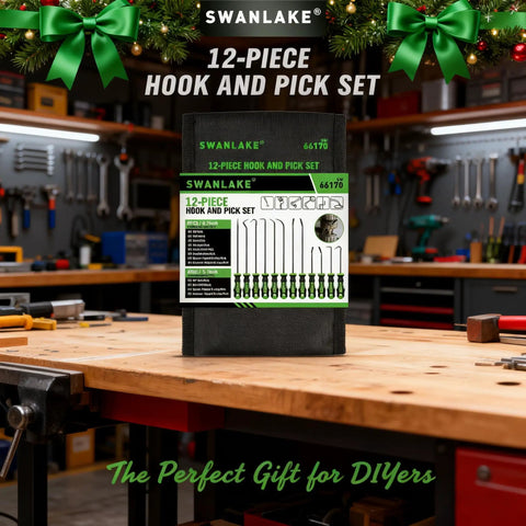 Pro Grade 12 Piece Pick And Hook Tool Set for auto mechanics displayed on workbench, with chrome vanadium hooks and picks packaging.