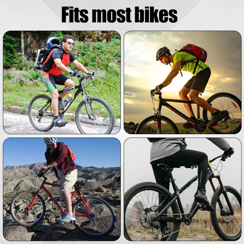 Cyclists on various terrains showcasing 8 Pairs Resin Semi Metal Bicycle Disc Brake Pads Replacement For Shimano Deore XT XTR LX SLX Saint Alfine Hone Brakes With Stainless Steel Spring Clips And Bolts Durable Resin And Semi Metal Compound For Quiet Consistent Stopping.