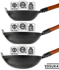 Preseasoned 14 Inch Carbon Steel Wok With Round Bottom For Stir Fry Mastery sizes with handles, suitable for gas stoves, BBQ, camping
