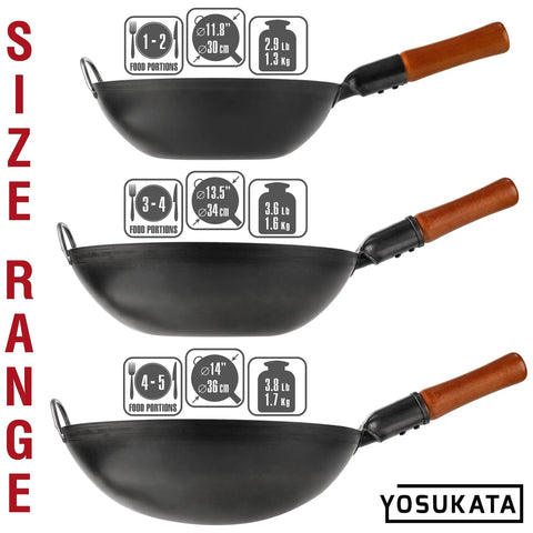 Preseasoned 14 Inch Carbon Steel Wok With Round Bottom For Stir Fry Mastery sizes with handles, suitable for gas stoves, BBQ, camping
