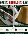 Heavy Duty Wood Repair Kit with Penetrating Epoxy Resin and Wood Filler for Restoring Broken Boards and Deck Planks Using the 48 Oz Set for waterproof fixes on damaged wood.