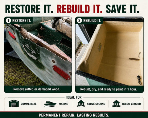 Heavy Duty Wood Repair Kit with Penetrating Epoxy Resin and Wood Filler for Restoring Broken Boards and Deck Planks Using the 48 Oz Set for waterproof fixes on damaged wood.