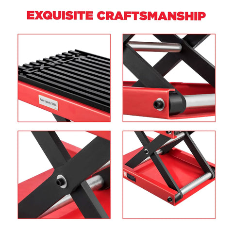 Close-up of 1200 Lbs Motorcycle Lift Scissor Jack for Dirt Bikes and ATVs showing thickened rubber pad and steel hoist frame.