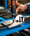 Worker using power drill on M4 X 12Mm Hex Socket Head Cap Screw on metal surface, highlighting 120 Pack M4 X 12Mm Hex Socket Head Cap Screws 12.9 Grade Heavy Duty Alloy Steel Black Oxide Finish Fully Threaded Metric Bolts Built Like A Tank Solid Rigging Hardware For No Nonsense Automotive Projects.