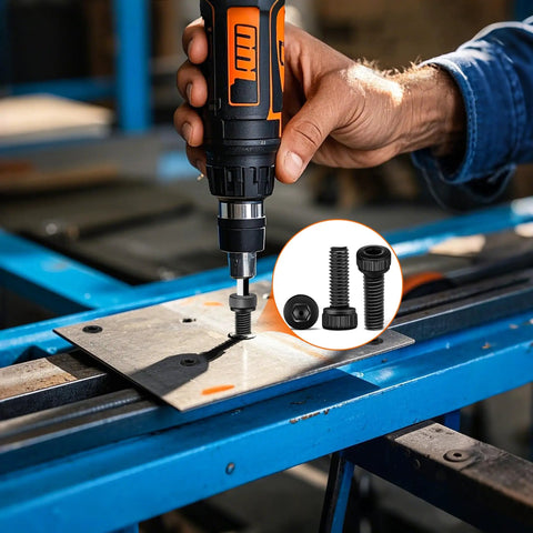 Worker using power drill on M4 X 12Mm Hex Socket Head Cap Screw on metal surface, highlighting 120 Pack M4 X 12Mm Hex Socket Head Cap Screws 12.9 Grade Heavy Duty Alloy Steel Black Oxide Finish Fully Threaded Metric Bolts Built Like A Tank Solid Rigging Hardware For No Nonsense Automotive Projects.