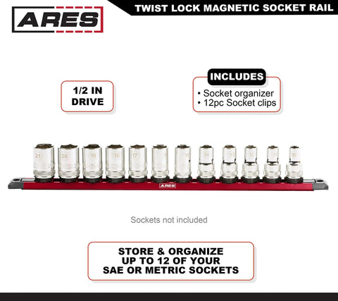 Fifteen And A Half Inch Magnetic Socket Rail Kit With Twist Lock Aluminum Holder For SAE And Metric Sockets Holds Twelve Per Rail