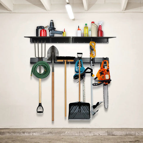 Garage Tool Storage Rack 12 Piece With Wall Shelf And Heavy Duty Hanger System For Power Tools, Mops, Garden Tools, Rakes, Shovels, Bikes And More - Wall Mounted Metal Organizer For A Clutter Free Workshop