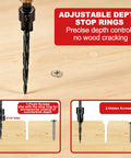 Adjustable depth stop rings displayed with countersink drill bit for precise depth control from Hardcore 20 Piece Countersink Drill Bit Set With Tapered Bits Wood Plug Cutters Depth Stop Rings And Hex Keys For Dead Fast Finish Prep Work Every Damn Time.