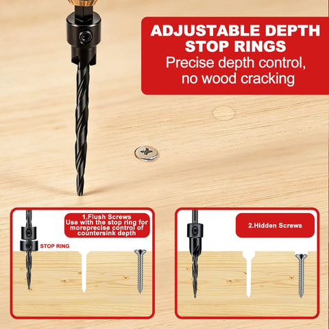 Adjustable depth stop rings displayed with countersink drill bit for precise depth control from Hardcore 20 Piece Countersink Drill Bit Set With Tapered Bits Wood Plug Cutters Depth Stop Rings And Hex Keys For Dead Fast Finish Prep Work Every Damn Time.
