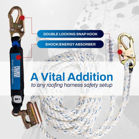 Tough As Nails 50Ft Vertical Lifeline Assembly With Auto Lock Rope Grab And Heavy Duty Safety Lanyard for safe roofing use.
