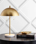 Gold And White Marble 2 Light LED Table Lamp With Glam Desk Style For Modern Bedside Decor, gold metal dome shade, pull chain switch