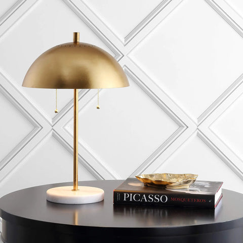 Gold And White Marble 2 Light LED Table Lamp With Glam Desk Style For Modern Bedside Decor, gold metal dome shade, pull chain switch