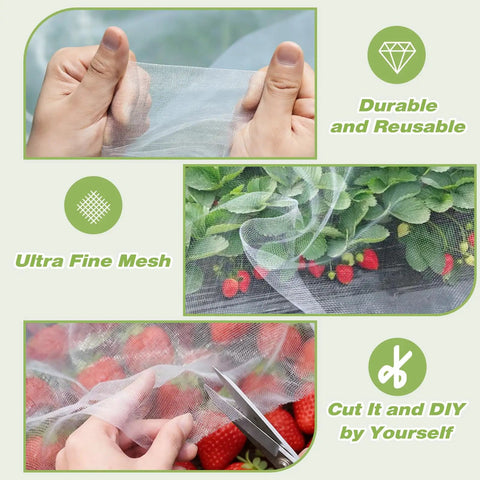 Hands demonstrating use of Pro Grade Garden Bug Netting 10x20 Feet Square Mesh Pest Barrier over plants and cutting with scissors.