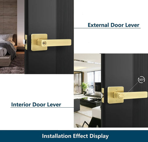 5 Pack Entry Door Lockset With Keys, gold door handles for interior or exterior doors, installed on black doors