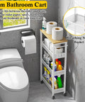 Slim 4 Tier Rolling Storage Cart With Wood Top For Narrow Spaces In Kitchen Laundry Room And Bathroom Metal Narrow Shelf Unit Mobile Organizer Trolley With Handle For Tight Corners placed next to a toilet with various bathroom items.