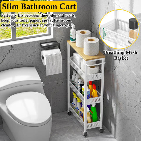 Slim 4 Tier Rolling Storage Cart With Wood Top For Narrow Spaces In Kitchen Laundry Room And Bathroom Metal Narrow Shelf Unit Mobile Organizer Trolley With Handle For Tight Corners placed next to a toilet with various bathroom items.