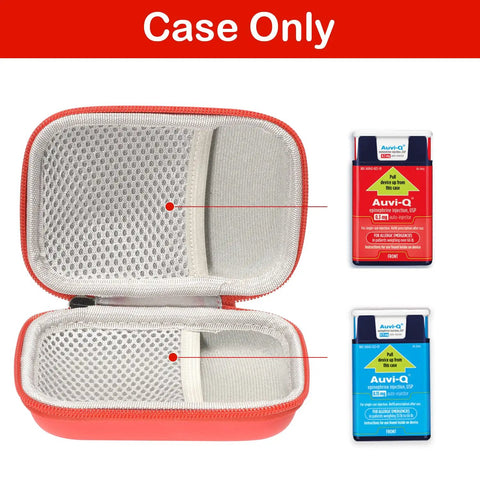 Open red Auvi Q Carrying Case For Two Auto Injectors Emergency Bag With Carabiner and Lanyard next to two injectors.