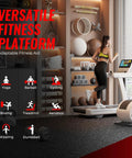 Woman on treadmill in modern home gym with 0.79 Inch Extra Thick Exercise Mats, 12 Pack Interlocking Gym Flooring Tiles With Rubber Top, 48 Sq Ft Coverage, Heavy Duty EVA Foam And EPDM Surface For Home Gym, Workout Mat Set In Black And Grey visible.