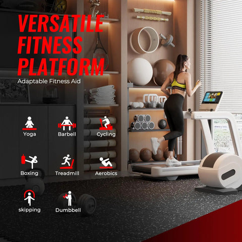 Woman on treadmill in modern home gym with 0.79 Inch Extra Thick Exercise Mats, 12 Pack Interlocking Gym Flooring Tiles With Rubber Top, 48 Sq Ft Coverage, Heavy Duty EVA Foam And EPDM Surface For Home Gym, Workout Mat Set In Black And Grey visible.