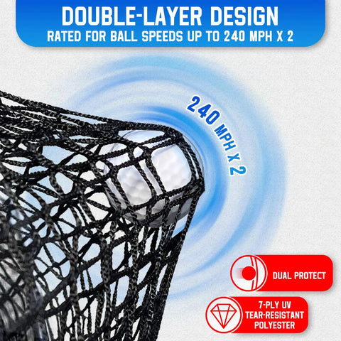Close-up of Heavy Duty Golf Hitting Net 10x7ft with double-layer netting for high-speed ball protection, shown in black.