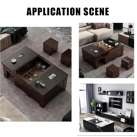 Sturdy Electric Scissor Lift Table With Height Adjustable Lifting Platform For Material Handling And Coffee Tables Featuring Wireless Remote Control To Transform Dining Spaces Effortlessly While Supporting Up To 50KG Without Worry, shown in living room setup.