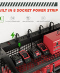 Power Tool Organizer Wall Mount With Charging Station And 8 Outlet Heavy Duty Metal Garage Storage Rack 23 Inch Three Tier Shelves showing built-in 8 socket power strip with tools and toolboxes.