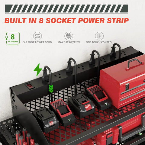 Power Tool Organizer Wall Mount With Charging Station And 8 Outlet Heavy Duty Metal Garage Storage Rack 23 Inch Three Tier Shelves showing built-in 8 socket power strip with tools and toolboxes.