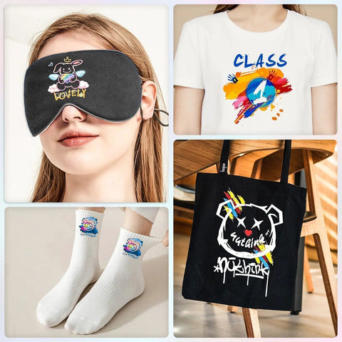 T-shirt, mask, socks, and tote bag with designs made using DTF Transfer Film A4 100 Sheets Double Sided Matte Premium DTF Paper