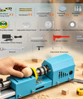 Bonvoisin Mini Lathe Machine With 7-Speed Benchtop Wood Turning Capabilities For Diy Projects, showing accessories and wooden piece in use.
