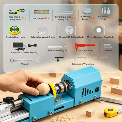 Bonvoisin Mini Lathe Machine With 7-Speed Benchtop Wood Turning Capabilities For Diy Projects, showing accessories and wooden piece in use.